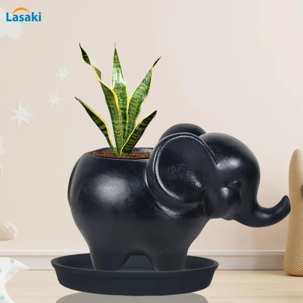 Jumbo_Black_With_Plate_Black_R4_Ceramic_Pots_For_Indoor_Plants,Planters,Flower,Gamla,Outdoor,Balcony,Home,Garden,Decor(Pot-L-18_X_W-10_X_H-12_Cm,Plate-H-2Xd-13Cm)
