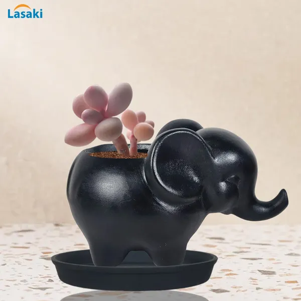 Jumbo_Black_With_Plate_Black_R4_Ceramic_Pots_For_Indoor_Plants,Planters,Flower,Gamla,Outdoor,Balcony,Home,Garden,Decor(Pot-L-18_X_W-10_X_H-12_Cm,Plate-H-2Xd-13Cm)