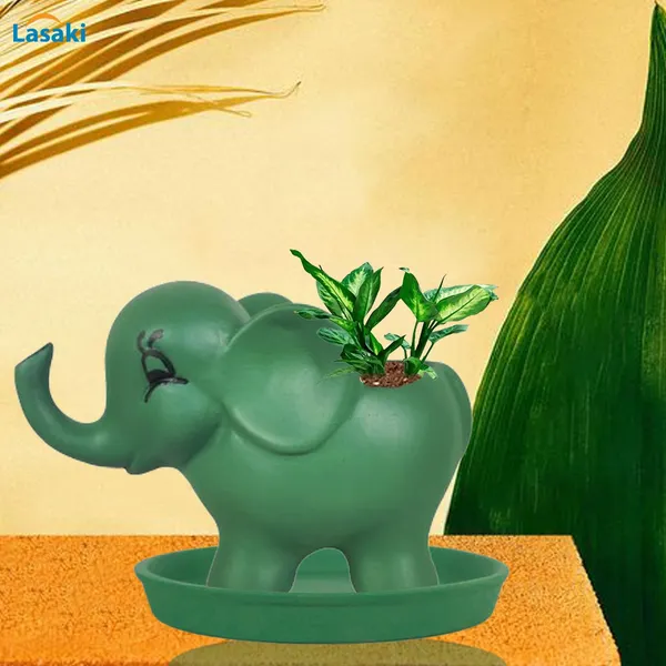 Jumbo_Deep_Jungle_With_Plate_Deep_Jungle_R4_Ceramic_Pots_For_Indoor_Plants,Planters,Flower,Gamla,Balcony,Home,Garden,Decor(Pot-L-18_X_W-10_X_H-12_Cm,Plate-H-2Xd-15Cm)