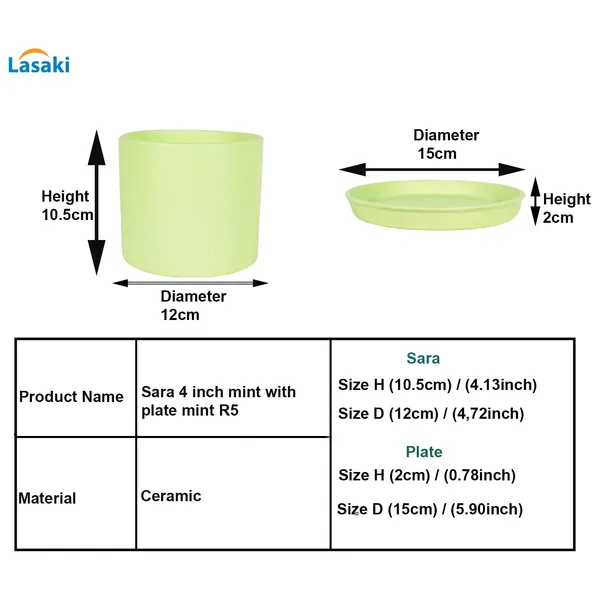 Sara_4_Inch_Mint_With_Plate_Mint_R5_Ceramic_Pots_For_Indoor_Plants,Planters,Flower,Gamla,Outdoor,Balcony,Home,Garden,Decor(Pot-H-10.5Cmxd-12Cm,Plate-H-2Xd-15Cm)