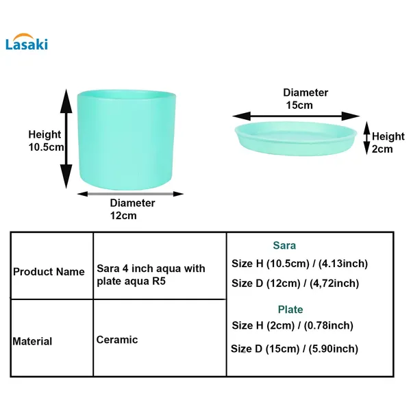Sara_4_Inch_Aqua_With_Plate_Aqua_R5_Ceramic_Pots_For_Indoor_Plants,Planters,Flower,Gamla,Outdoor,Balcony,Home,Garden,Decor(Pot-H-10.5Cmxd-12Cm,Plate-H-2Xd-15Cm)