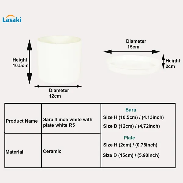 Sara_4_Inch_White_With_Plate_White_R5_Ceramic_Pots_For_Indoor_Plants,Planters,Flower,Gamla,Outdoor,Balcony,Home,Garden,Decor(Pot-H-10.5Cmxd-12Cm,Plate-H-2Xd-15Cm)