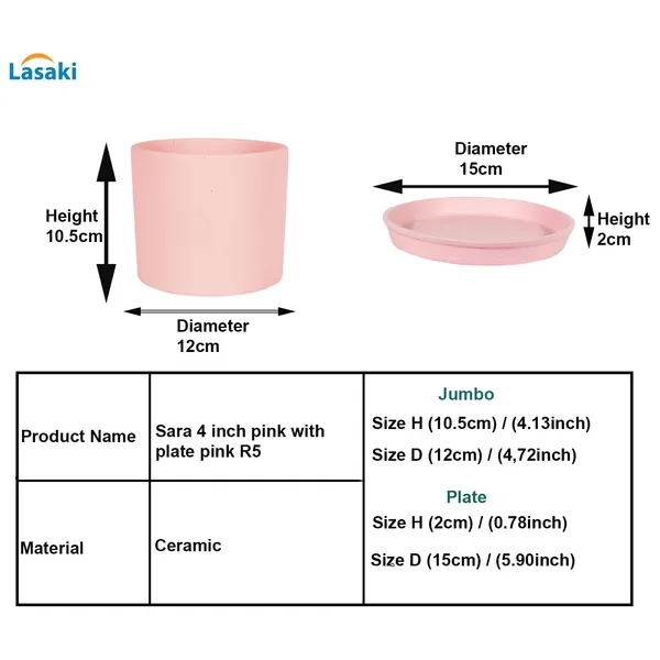 Sara_4_Inch_Pink_With_Plate_Pink_R5_Ceramic_Pots_For_Indoor_Plants,Planters,Flower,Gamla,Outdoor,Balcony,Home,Garden,Decor(Pot-H-10.5Cmxd-12Cm,Plate-H-2Xd-15Cm)