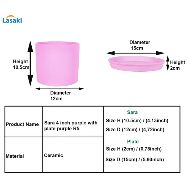 Sara_4_Inch_Purple_With_Plate_Purple_R5_Ceramic_Pots_For_Indoor_Plants,Planters,Flower,Gamla,Outdoor,Balcony,Home,Garden,Decor(Pot-H-10.5Cmxd-12Cm,Plate-H-2Xd-15Cm)