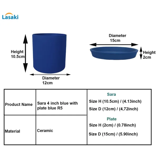 Sara_4_Inch_Blue_With_Plate_Blue_R5_Ceramic_Pots_For_Indoor_Plants,Planters,Flower,Gamla,Outdoor,Balcony,Home,Garden,Decor(Pot-H-10.5Cmxd-12Cm,Plate-H-2Xd-15Cm)