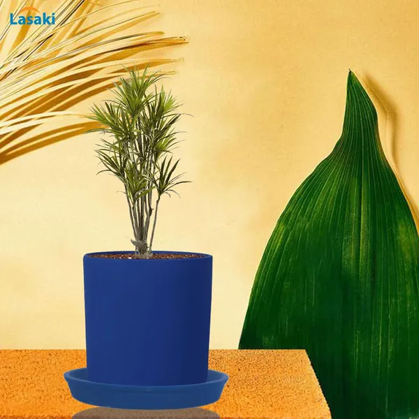 Sara_4_Inch_Blue_With_Plate_Blue_R5_Ceramic_Pots_For_Indoor_Plants,Planters,Flower,Gamla,Outdoor,Balcony,Home,Garden,Decor(Pot-H-10.5Cmxd-12Cm,Plate-H-2Xd-15Cm)
