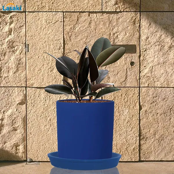 Sara_4_Inch_Blue_With_Plate_Blue_R5_Ceramic_Pots_For_Indoor_Plants,Planters,Flower,Gamla,Outdoor,Balcony,Home,Garden,Decor(Pot-H-10.5Cmxd-12Cm,Plate-H-2Xd-15Cm)