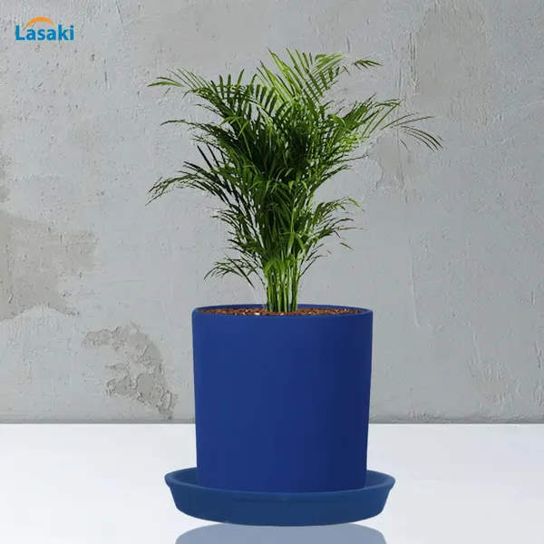 Sara_4_Inch_Blue_With_Plate_Blue_R5_Ceramic_Pots_For_Indoor_Plants,Planters,Flower,Gamla,Outdoor,Balcony,Home,Garden,Decor(Pot-H-10.5Cmxd-12Cm,Plate-H-2Xd-15Cm)