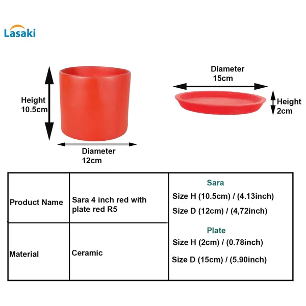 Sara_4_Inch_Red_With_Plate_Red_R5_Ceramic_Pots_For_Indoor_Plants,Planters,Flower,Gamla,Outdoor,Balcony,Home,Garden,Decor(Pot-H-10.5Cmxd-12Cm,Plate-H-2Xd-15Cm)