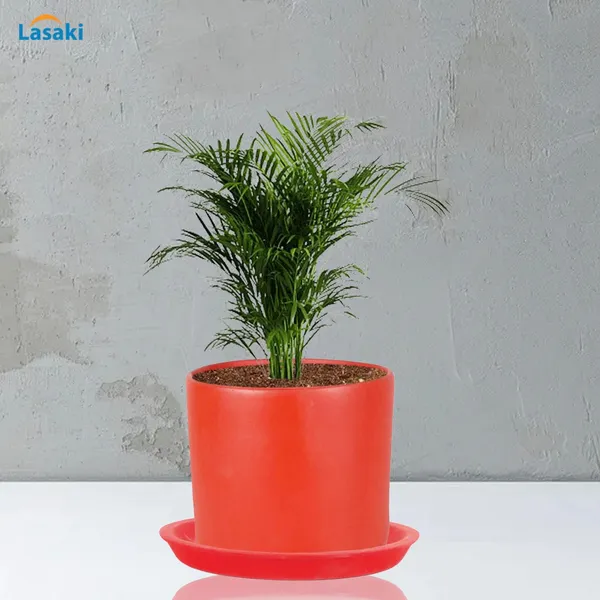 Sara_4_Inch_Red_With_Plate_Red_R5_Ceramic_Pots_For_Indoor_Plants,Planters,Flower,Gamla,Outdoor,Balcony,Home,Garden,Decor(Pot-H-10.5Cmxd-12Cm,Plate-H-2Xd-15Cm)
