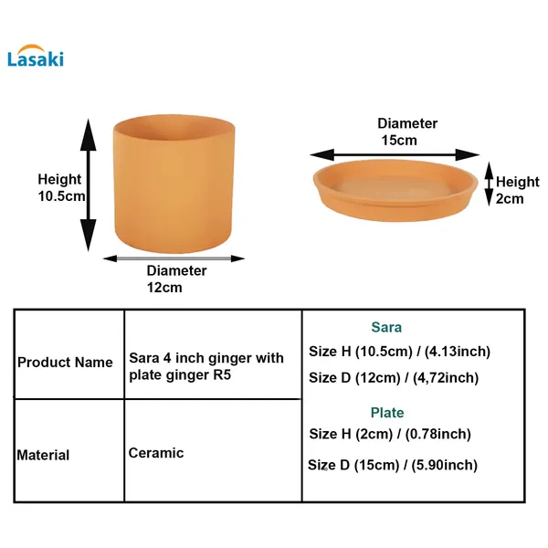 Sara_4_Inch_Ginger_With_Plate_Ginger_R5_Ceramic_Pots_For_Indoor_Plants,Planters,Flower,Gamla,Outdoor,Balcony,Home,Garden,Decor(Pot-H-10.5Cmxd-12Cm,Plate-H-2Xd-15Cm)