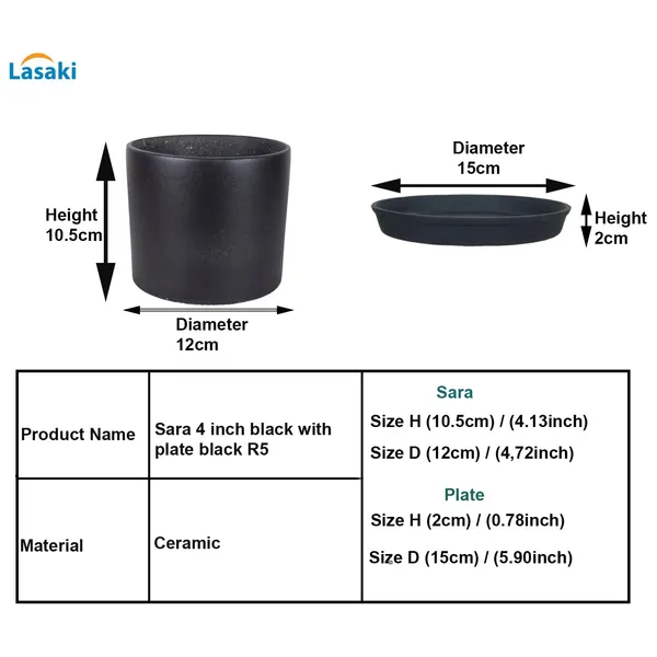 Sara_4_Inch_Black_With_Plate_Black_R5_Ceramic_Pots_For_Indoor_Plants,Planters,Flower,Gamla,Outdoor,Balcony,Home,Garden,Decor(Pot-H-10.5Cmxd-12Cm,Plate-H-2Xd-15Cm)