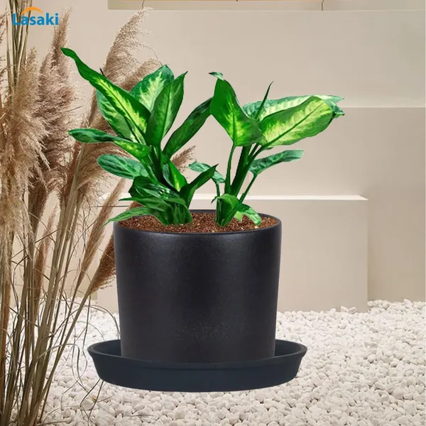 Sara_4_Inch_Black_With_Plate_Black_R5_Ceramic_Pots_For_Indoor_Plants,Planters,Flower,Gamla,Outdoor,Balcony,Home,Garden,Decor(Pot-H-10.5Cmxd-12Cm,Plate-H-2Xd-15Cm)