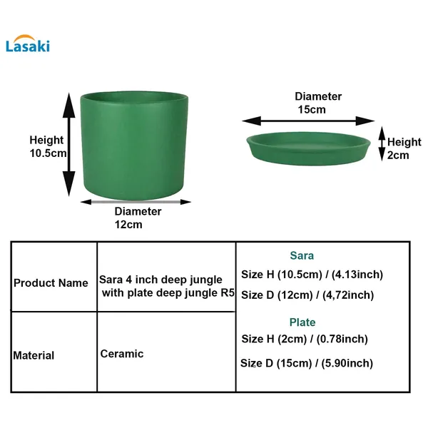 Sara_4_Inch_Deep_Jungle_With_Plate_Deep_Jungle_R5_Ceramic_Pots_For_Indoor_Plants,Planters,Flower,Gamla,Balcony,Home,Garden,Decor(Pot-H-10.5Cmxd-12Cm,Plate-H-2Xd-15Cm)