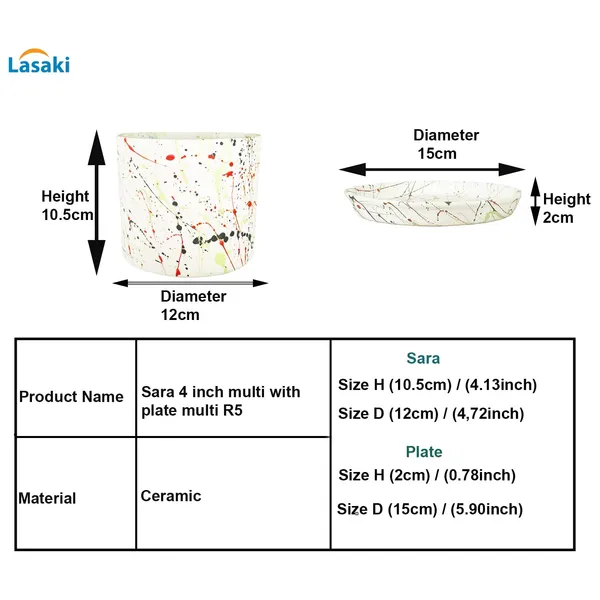 Sara_4_Inch_Multi_With_Plate_Multi_R5_Ceramic_Pots_For_Indoor_Plants,Planters,Flower,Gamla,Outdoor,Balcony,Home,Garden,Decor(Pot-H-10.5Cmxd-12Cm,Plate-H-2Xd-15Cm)