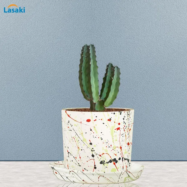 Sara_4_Inch_Multi_With_Plate_Multi_R5_Ceramic_Pots_For_Indoor_Plants,Planters,Flower,Gamla,Outdoor,Balcony,Home,Garden,Decor(Pot-H-10.5Cmxd-12Cm,Plate-H-2Xd-15Cm)