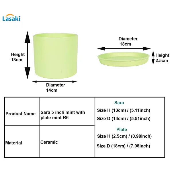 Sara_5_Inch_Mint_With_Plate_Mint_R6_Ceramic_Pots_For_Indoor_Plants,Planters,Flower,Gamla,Outdoor,Balcony,Home,Garden,Decor(Pot-H-13Cmxd-14Cm,Plate-H-2.5Xd-16Cm)