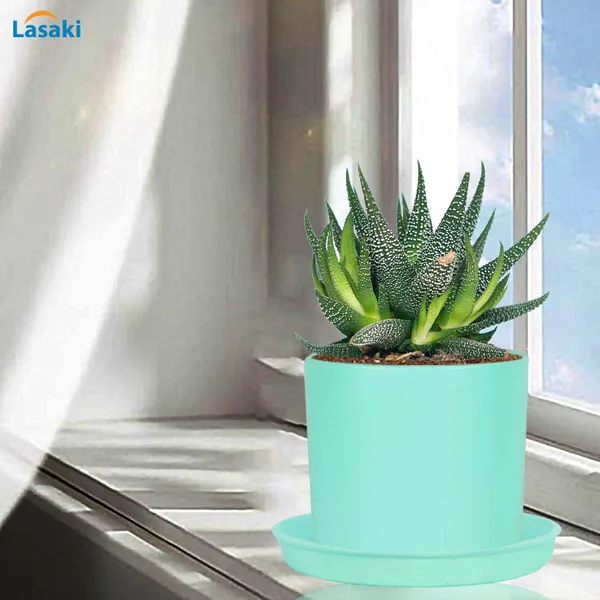 Sara_5_Inch_Aqua_With_Plate_Aqua_R6_Ceramic_Pots_For_Indoor_Plants,Planters,Flower,Gamla,Outdoor,Balcony,Home,Garden,Decor(Pot-H-13Cmxd-14Cm,Plate-H-2.5Xd-16Cm)