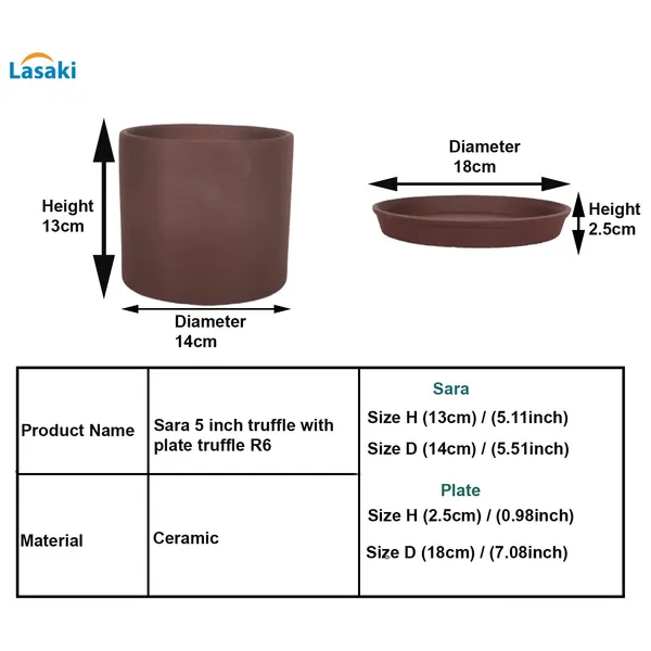Sara_5_Inch_Truffle_With_Plate_Truffle_R6_Ceramic_Pots_For_Indoor_Plants,Planters,Flower,Gamla,Outdoor,Balcony,Home,Garden,Decor(Pot-H-13Cmxd-14Cm,Plate-H-2.5Xd-16Cm)
