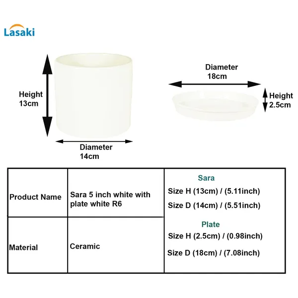 Sara_5_Inch_White_With_Plate_White_R6_Ceramic_Pots_For_Indoor_Plants,Planters,Flower,Gamla,Outdoor,Balcony,Home,Garden,Decor(Pot-H-13Cmxd-14Cm,Plate-H-2.5Xd-16Cm)