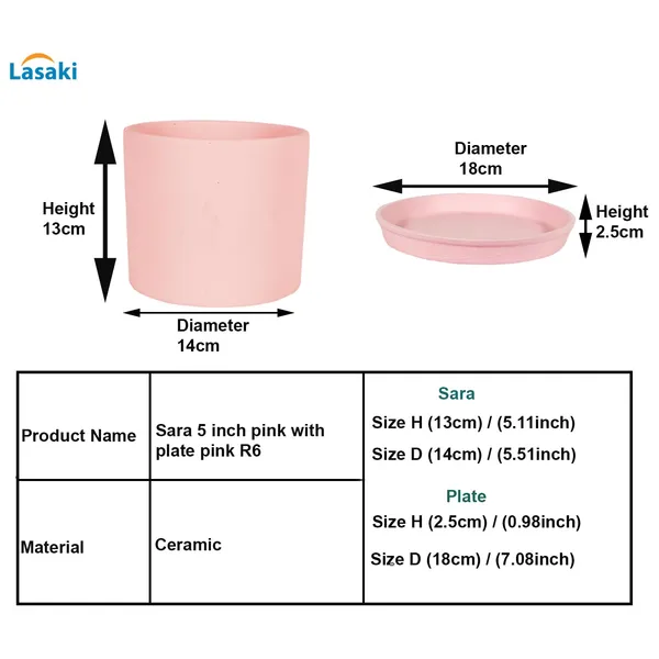 Sara_5_Inch_Pink_With_Plate_Pink_R6_Ceramic_Pots_For_Indoor_Plants,Planters,Flower,Gamla,Outdoor,Balcony,Home,Garden,Decor(Pot-H-13Cmxd-14Cm,Plate-H-2.5Xd-16Cm)
