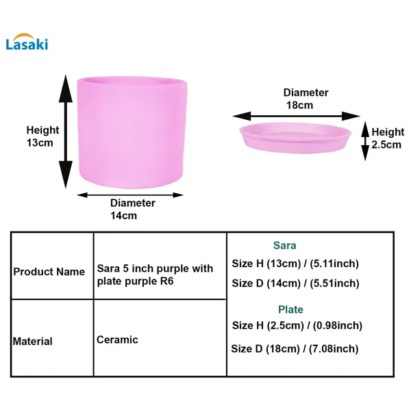 Sara_5_Inch_Purple_With_Plate_Purple_R6_Ceramic_Pots_For_Indoor_Plants,Planters,Flower,Gamla,Outdoor,Balcony,Home,Garden,Decor(Pot-H-13Cmxd-14Cm,Plate-H-2.5Xd-16Cm)