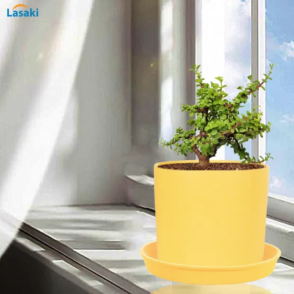 Sara_5_Inch_Saffron_With_Plate_Saffron_R6_Ceramic_Pots_For_Indoor_Plants,Planters,Flower,Gamla,Outdoor,Balcony,Home,Garden,Decor(Pot-H-13Cmxd-14Cm,Plate-H-2.5Xd-16Cm)