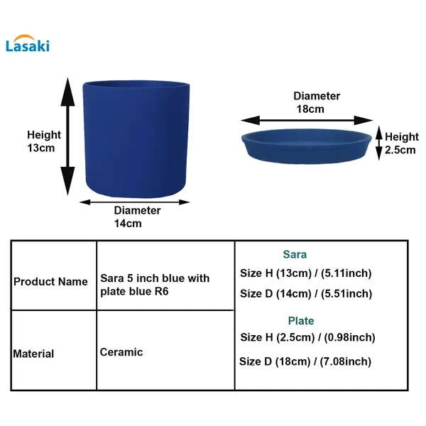 Sara_5_Inch_Blue_With_Plate_Blue_R6_Ceramic_Pots_For_Indoor_Plants,Planters,Flower,Gamla,Outdoor,Balcony,Home,Garden,Decor(Pot-H-13Cmxd-14Cm,Plate-H-2.5Xd-16Cm)