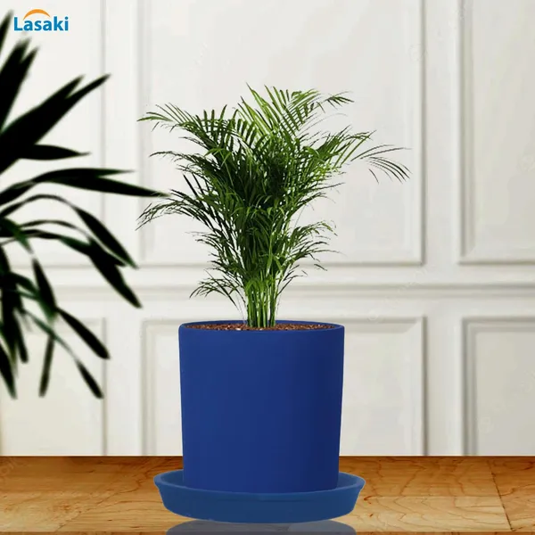 Sara_5_Inch_Blue_With_Plate_Blue_R6_Ceramic_Pots_For_Indoor_Plants,Planters,Flower,Gamla,Outdoor,Balcony,Home,Garden,Decor(Pot-H-13Cmxd-14Cm,Plate-H-2.5Xd-16Cm)