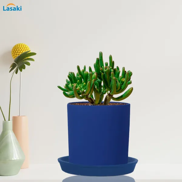 Sara_5_Inch_Blue_With_Plate_Blue_R6_Ceramic_Pots_For_Indoor_Plants,Planters,Flower,Gamla,Outdoor,Balcony,Home,Garden,Decor(Pot-H-13Cmxd-14Cm,Plate-H-2.5Xd-16Cm)