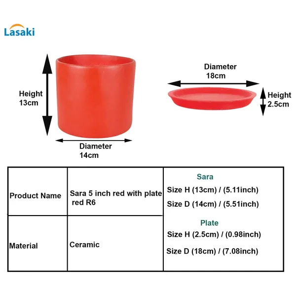 Sara_5_Inch_Red_With_Plate_Red_R6_Ceramic_Pots_For_Indoor_Plants,Planters,Flower,Gamla,Outdoor,Balcony,Home,Garden,Decor(Pot-H-13Cmxd-14Cm,Plate-H-2.5Xd-16Cm)