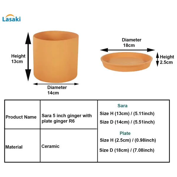 Sara_5_Inch_Ginger_With_Plate_Ginger_R6_Ceramic_Pots_For_Indoor_Plants,Planters,Flower,Gamla,Outdoor,Balcony,Home,Garden,Decor(Pot-H-13Cmxd-14Cm,Plate-H-2.5Xd-16Cm)