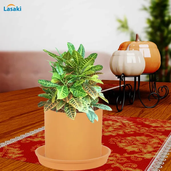 Sara_5_Inch_Ginger_With_Plate_Ginger_R6_Ceramic_Pots_For_Indoor_Plants,Planters,Flower,Gamla,Outdoor,Balcony,Home,Garden,Decor(Pot-H-13Cmxd-14Cm,Plate-H-2.5Xd-16Cm)