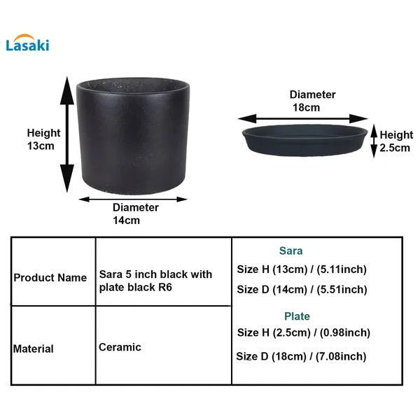 Sara_5_Inch_Black_With_Plate_Black_R6_Ceramic_Pots_For_Indoor_Plants,Planters,Flower,Gamla,Outdoor,Balcony,Home,Garden,Decor(Pot-H-13Cmxd-14Cm,Plate-H-2.5Xd-16Cm)