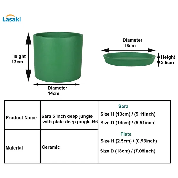 Sara_5_Inch_Deep_Jungle_With_Plate_Deep_Jungle_R6_Ceramic_Pots_For_Indoor_Plants,Planters,Flower,Gamla,Balcony,Home,Garden,Decor(Pot-H-13Cmxd-14Cm,Plate-H-2.5Xd-16Cm)