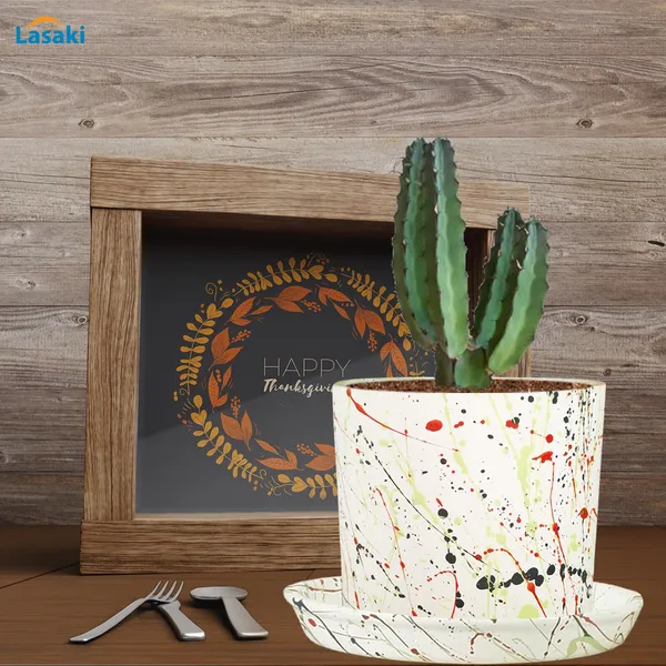 Sara_5_Inch_Multi_With_Plate_Multi_R6_Ceramic_Pots_For_Indoor_Plants,Planters,Flower,Gamla,Outdoor,Balcony,Home,Garden,Decor(Pot-H-13Cmxd-14Cm,Plate-H-2.5Xd-16Cm)