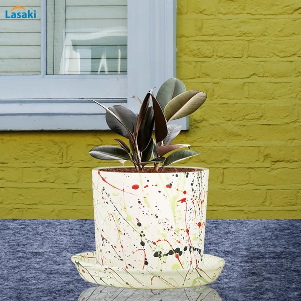 Sara_5_Inch_Multi_With_Plate_Multi_R6_Ceramic_Pots_For_Indoor_Plants,Planters,Flower,Gamla,Outdoor,Balcony,Home,Garden,Decor(Pot-H-13Cmxd-14Cm,Plate-H-2.5Xd-16Cm)