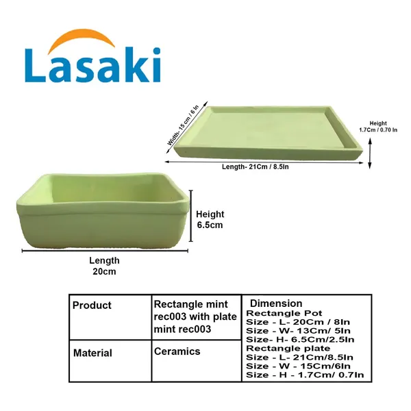 Rectangle_Mint_Rec003_With_Plate_Mint_Rec003_Ceramic_Pots_For_Indoor_Plants,Bonsai,Planters,Gamla,Outdoor,Balcony,Home,Garden,Succulent