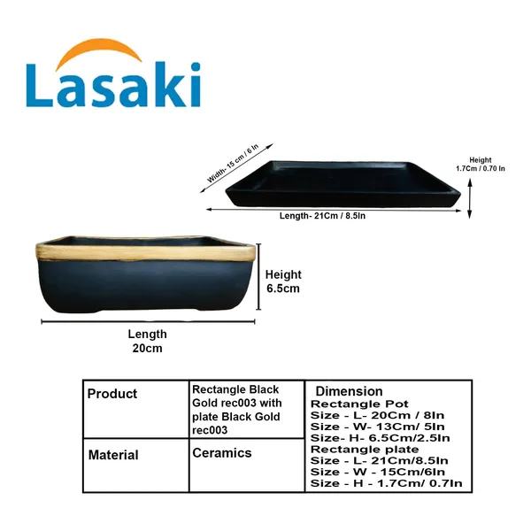 Rectangle_Black_Gold_Rec003_With_Plate_Black_Rec003_Ceramic_Pots_For_Indoor_Plants,Bonsai,Planters,Gamla,Outdoor,Balcony,Home,Garden,Succulent