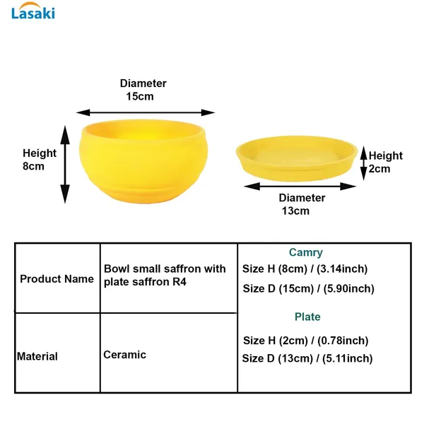 Bowl_Small_Saffron_With_Plate_Saffron_R4_Ceramic_Pots_For_Indoor_Plants,Planters,Flower,Gamla,Outdoor,Home,Garden,Decor,Succulent(Bowl-H-8Cmxd-15Cm,Plate-H-2Xd-13Cm)