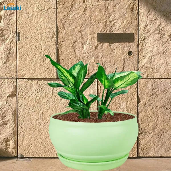 Bowl_Small_Mint_With_Plate_Mint_R4_Ceramic_Pots_For_Indoor_Plants,Planters,Flower,Gamla,Outdoor,Balcony,Home,Garden,Decor,Succulent(Bowl-H-8Cmxd-15Cm,Plate-H-2Xd-13Cm)