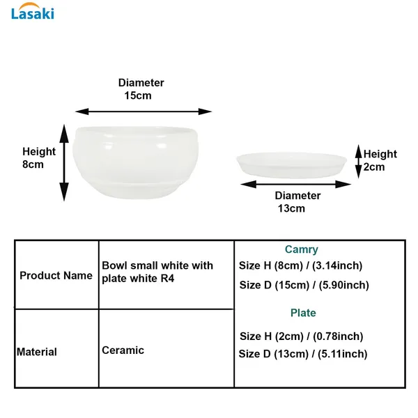 Bowl_Small_White_With_Plate_White_R4_Ceramic_Pots_For_Indoor_Plants,Planters,Flower,Gamla,Outdoor,Balcony,Home,Garden,Decor,Succulent(Bowl-H-8Cmxd-15Cm,Plate-H-2Xd-13Cm)
