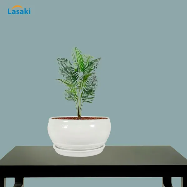 Bowl_Small_White_With_Plate_White_R4_Ceramic_Pots_For_Indoor_Plants,Planters,Flower,Gamla,Outdoor,Balcony,Home,Garden,Decor,Succulent(Bowl-H-8Cmxd-15Cm,Plate-H-2Xd-13Cm)