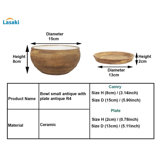 Bowl_Small_Antique_With_Plate_Antique_R4_Ceramic_Pots_For_Indoor_Plants,Planters,Flower,Gamla,Outdoor,Home,Garden,Decor,Succulent(Bowl-H-8Cmxd-15Cm,Plate-H-2Xd-13Cm)