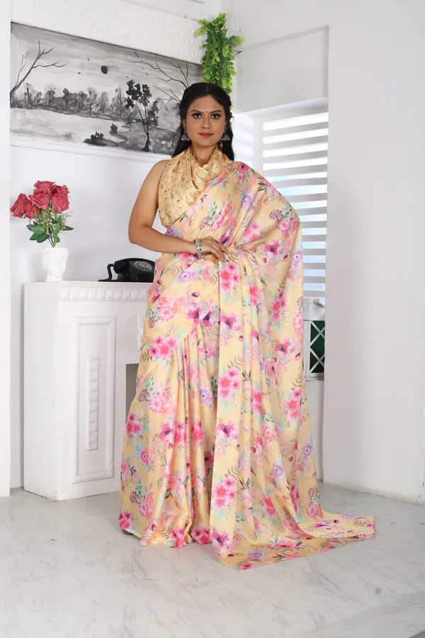 Yellow_Satin_Georgette_Floral_Printed_Saree_With_Unstitched_Blouse_Piece