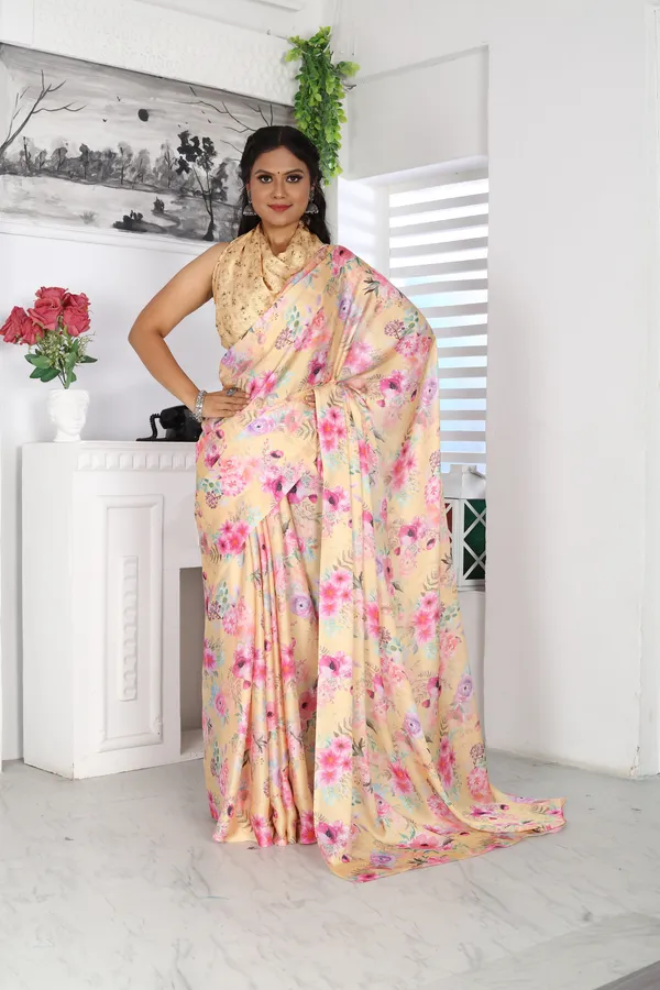 Yellow_Satin_Georgette_Floral_Printed_Saree_With_Unstitched_Blouse_Piece