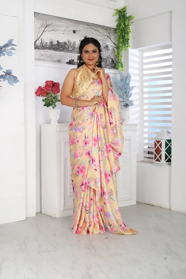 Yellow_Satin_Georgette_Floral_Printed_Saree_With_Unstitched_Blouse_Piece