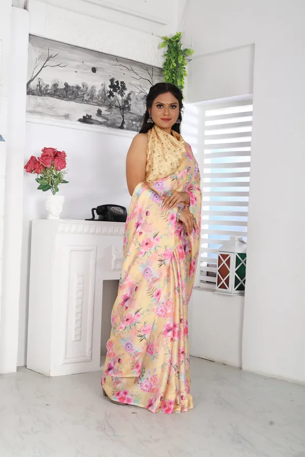 Yellow_Satin_Georgette_Floral_Printed_Saree_With_Unstitched_Blouse_Piece
