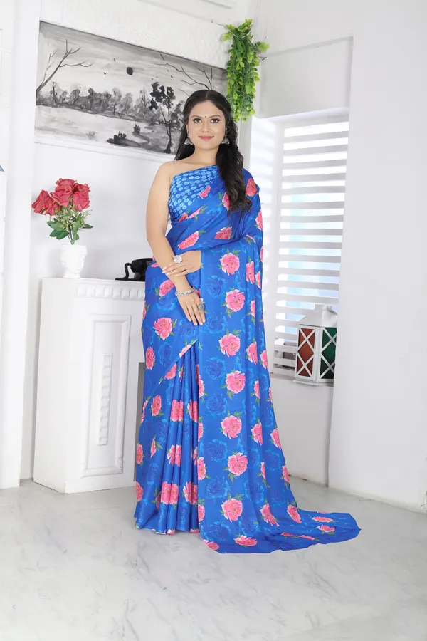 Blue_Satin_Georgette_Floral_Printed_Saree_With_Unstitched_Blouse_Piece