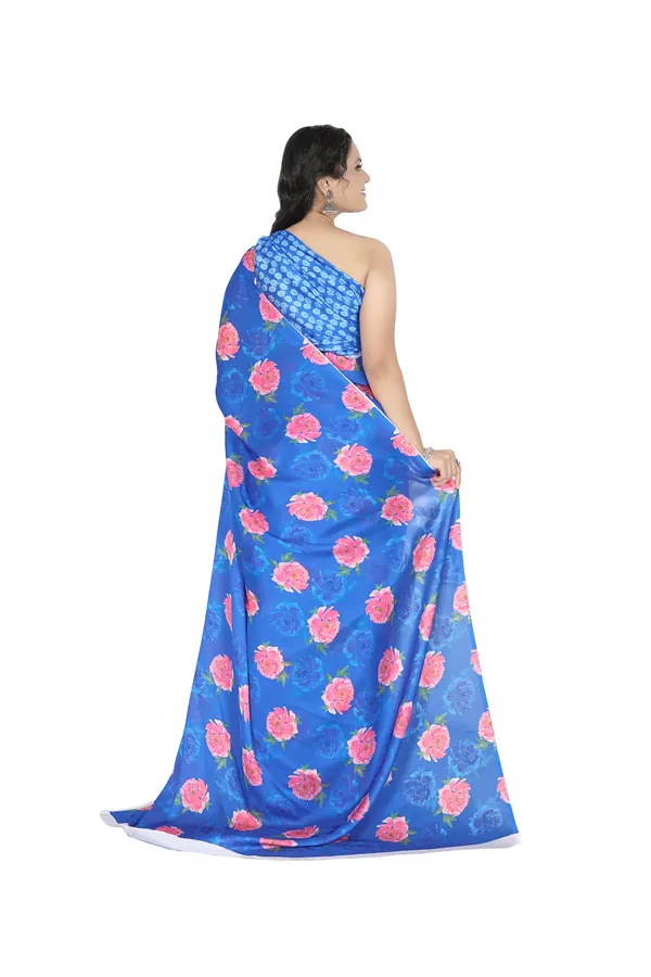 Blue_Satin_Georgette_Floral_Printed_Saree_With_Unstitched_Blouse_Piece